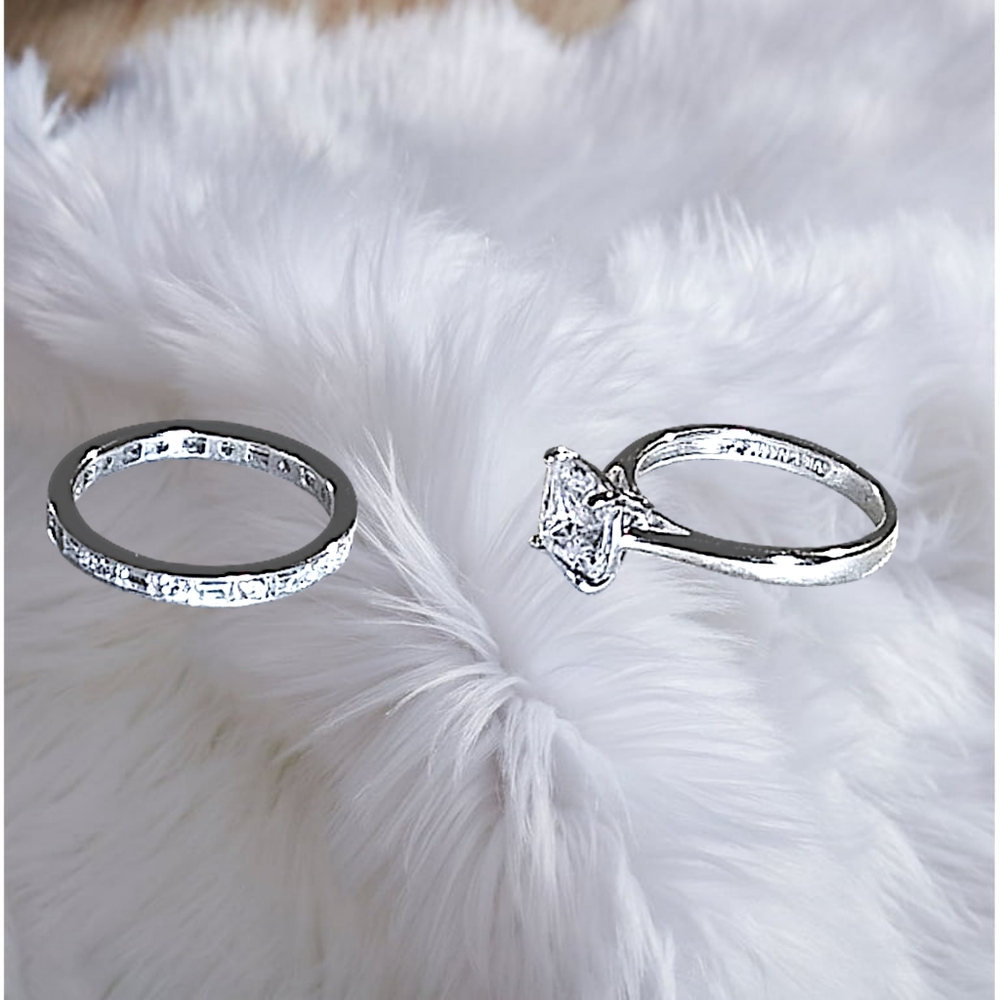 Sterling Silver Engagement Ring Set with Brilliant Square Cut/Baguette CZ Stones - Picture 2 of 11